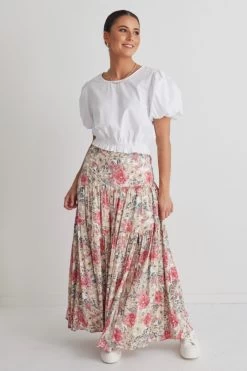 Playful Vintage Natural Floral Tiered Maxi Skirt