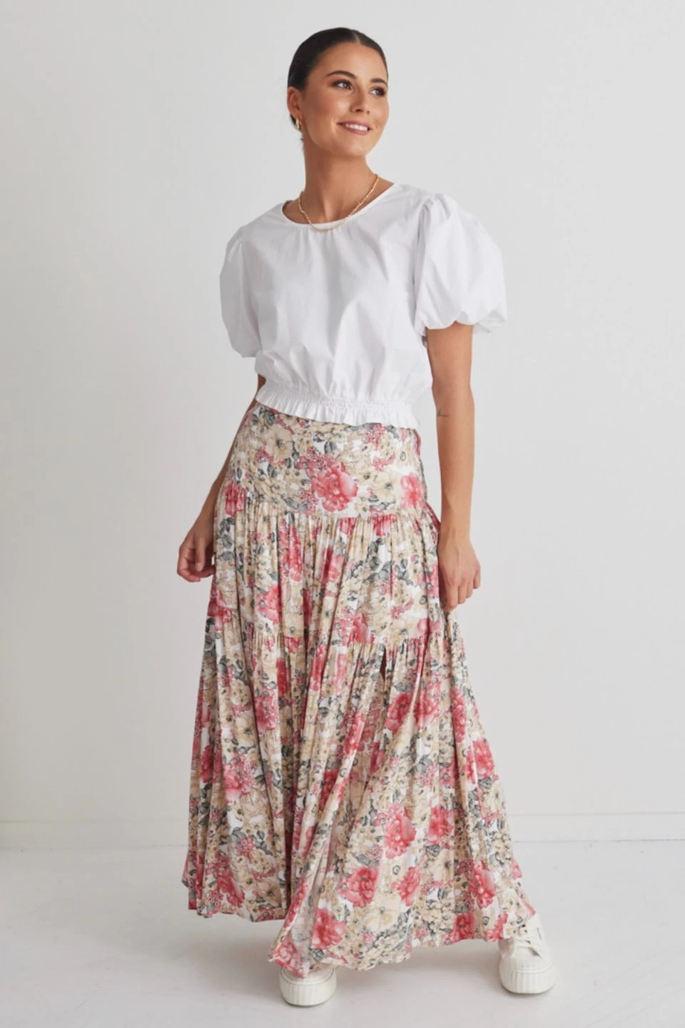 Playful Vintage Natural Floral Tiered Maxi Skirt 3 Playful Vintage Natural Floral Tiered Maxi Skirt