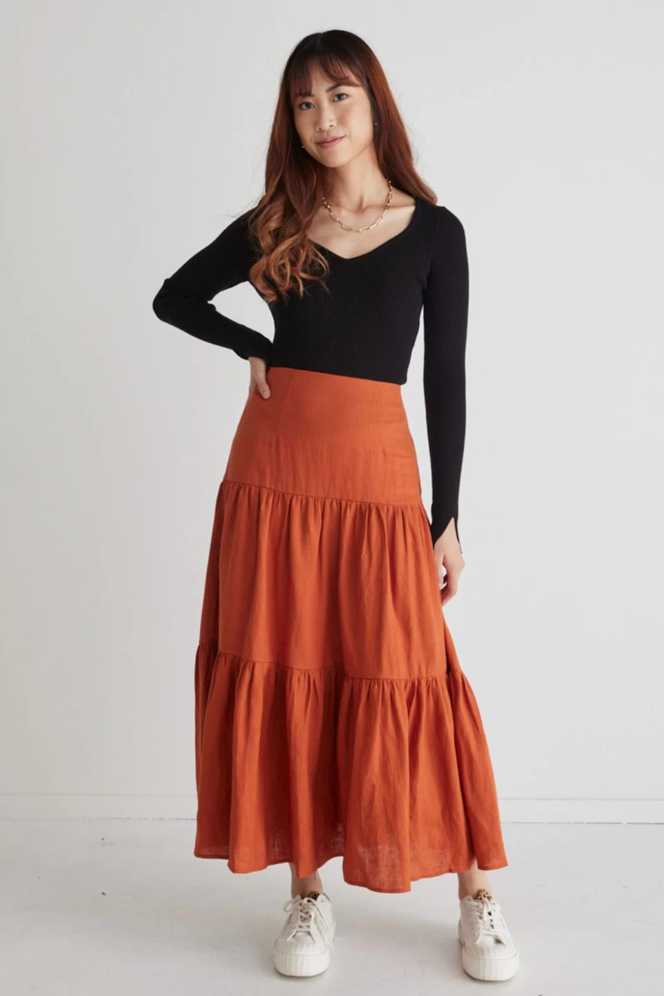 Blazing Spice Linen Tiered Midi Skirt 6 Blazing Spice Linen Tiered Midi Skirt - Image 4
