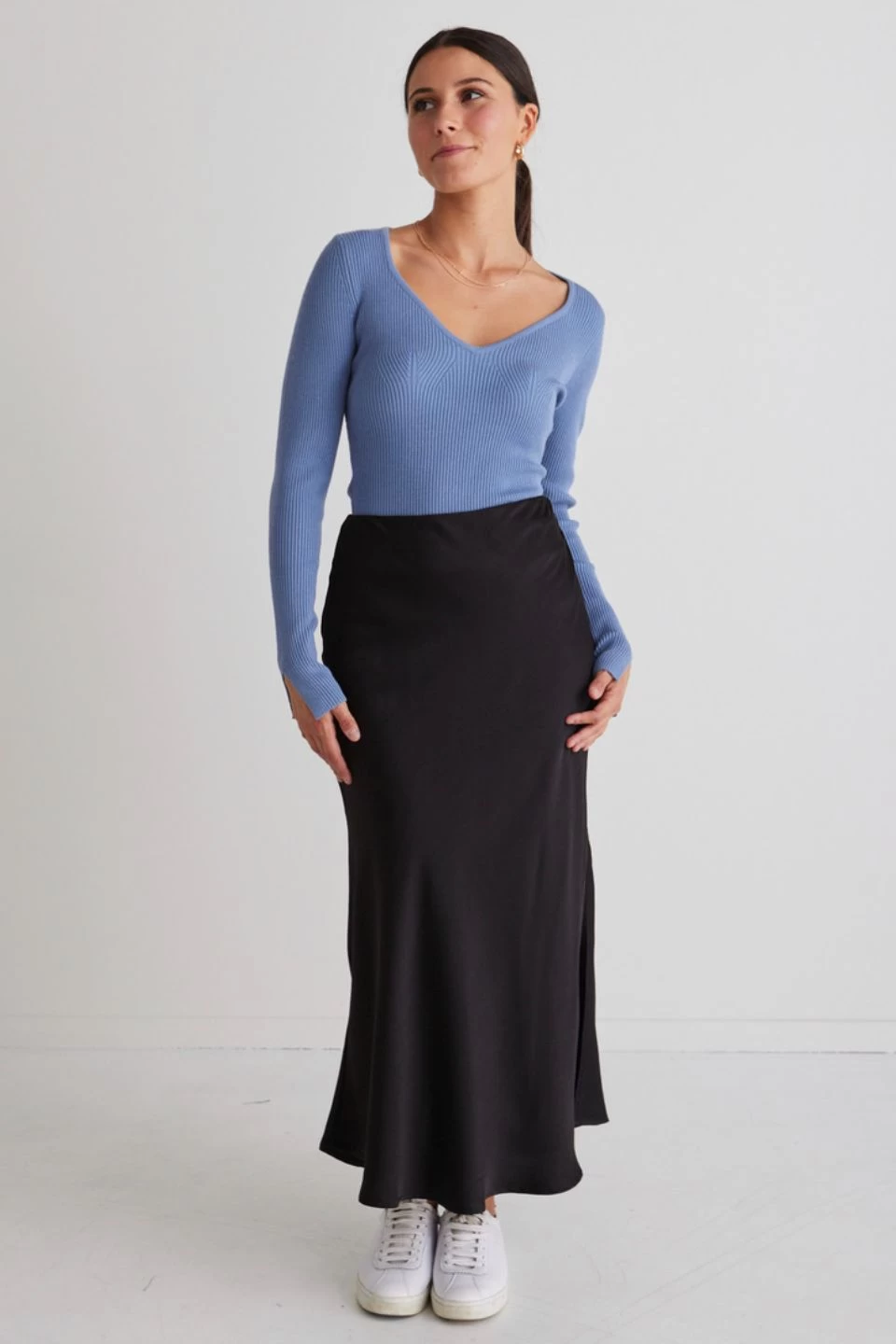 Model Slate Fitted LS Rib Knit Top 3 Model Slate Fitted LS Rib Knit Top