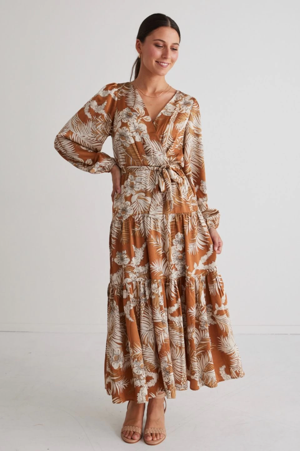 Twilight Rust Floral LS Tiered Maxi Dress 3 Twilight Rust Floral LS Tiered Maxi Dress