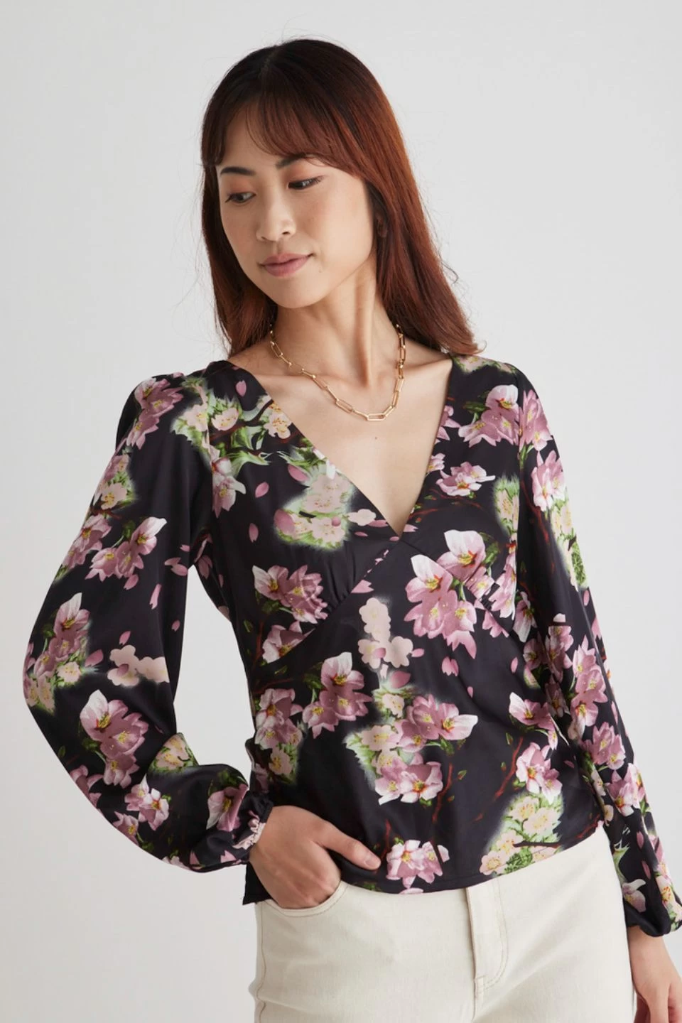 Bailey Black Floral Satin Bias Balloon Sleeve Top 3 Bailey Black Floral Satin Bias Balloon Sleeve Top