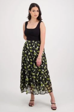 Willow Black Floral Tiered Midi Skirt