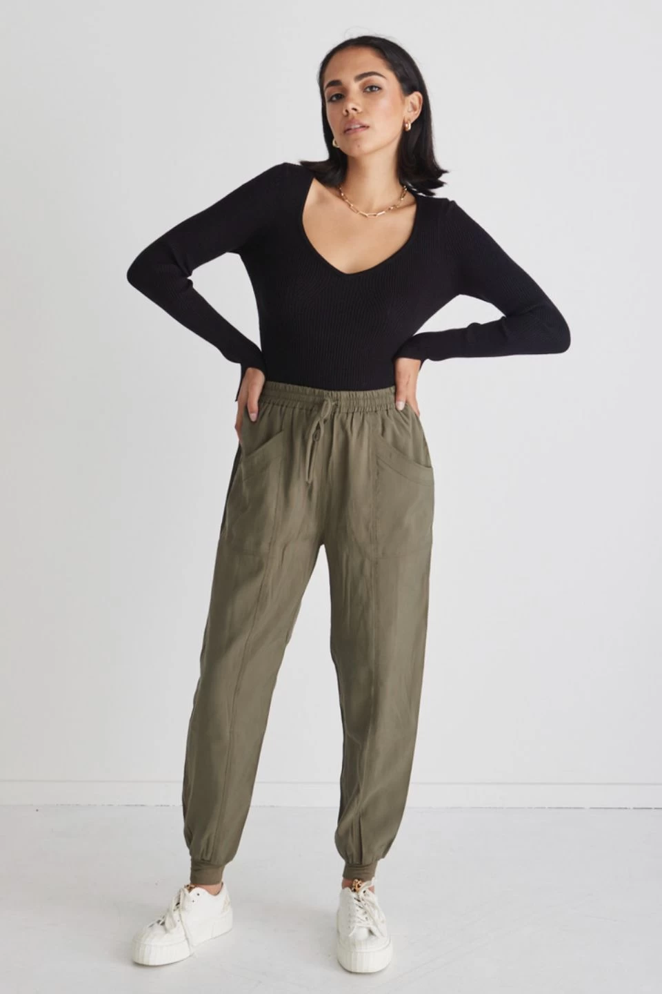 New Warrior Khaki Relaxed Drapey Drawstring Stretch Cuff Pant 4 New Warrior Khaki Relaxed Drapey Drawstring Stretch Cuff Pant - Image 2