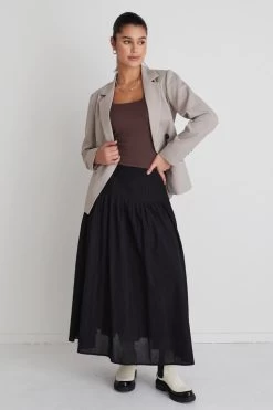 Pepe Black Cotton Pintuck Waist Midi Skirt