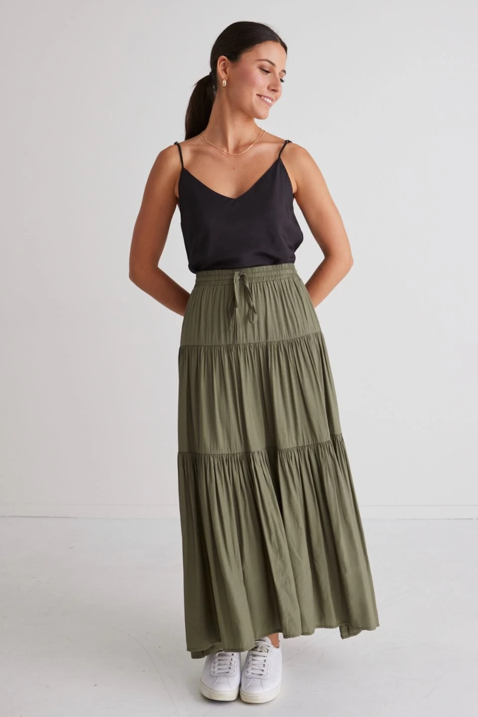 Sensational Moss Satin Tiered Drawstring Maxi Skirt 4 Sensational Moss Satin Tiered Drawstring Maxi Skirt - Image 2
