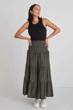 Soaring High Dark Khaki Satin Shirred Waist Tiered Midi Skirt
