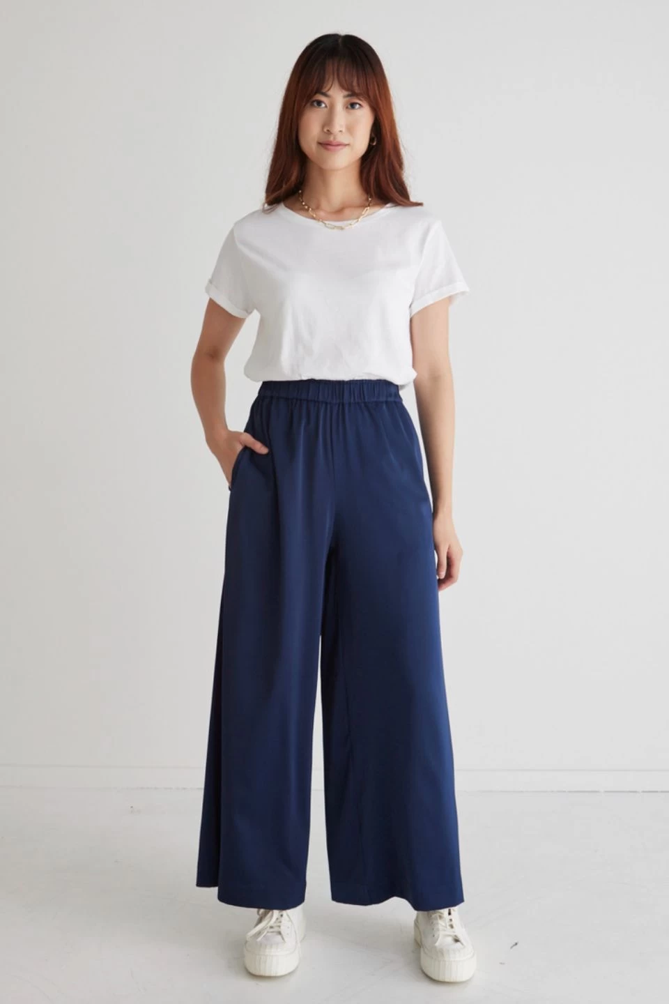 Luxury Navy Satin Wide Leg Elastic Waist Pant 3 Luxury Navy Satin Wide Leg Elastic Waist Pant