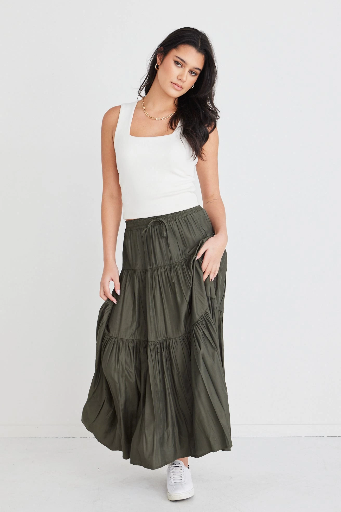 Sensational Dark Khaki Tiered Satin Tie Waist Maxi Skirt 5 Sensational Dark Khaki Tiered Satin Tie Waist Maxi Skirt - Image 3