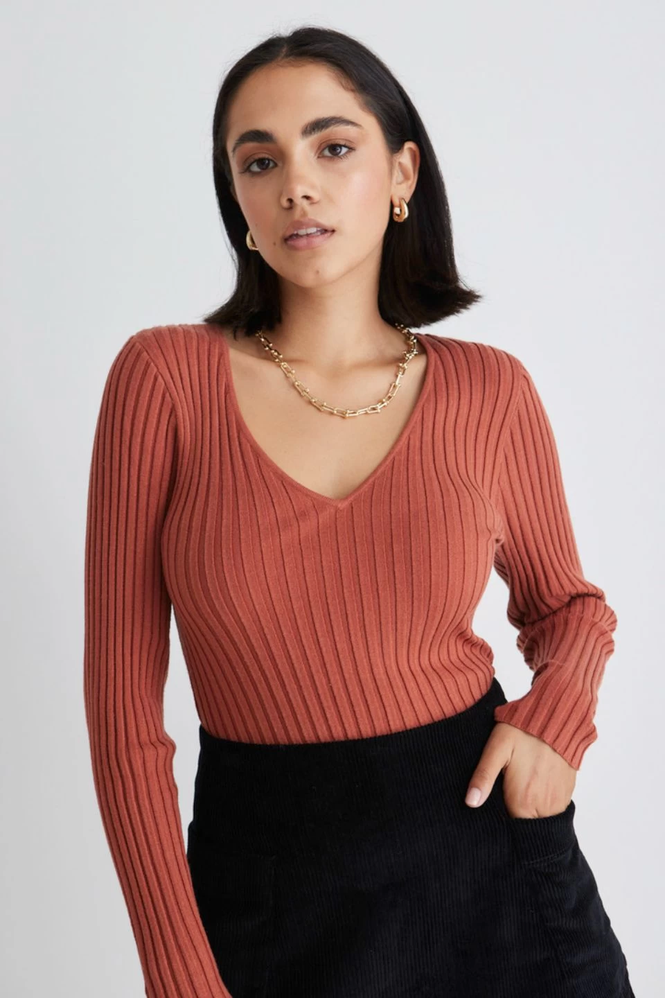 Desire Terracotta LS V Wide Rib Knit Top 3 Desire Terracotta LS V Wide Rib Knit Top