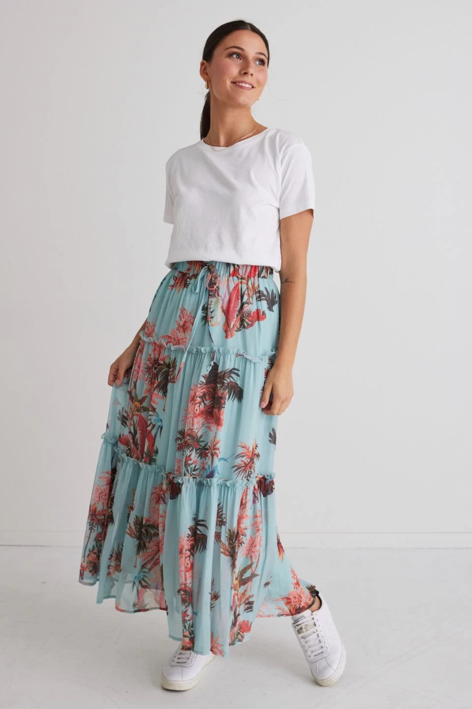 Zoe Blue Palms Elastic Waist Tiered Midi Skirt 5 Zoe Blue Palms Elastic Waist Tiered Midi Skirt - Image 3