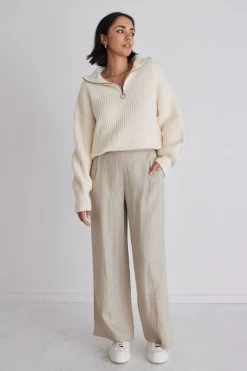 Guardian Stone Elastic Back Flat Pleat Front Wide Leg Linen Pant