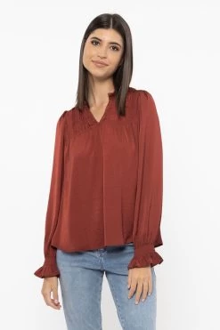 Funtimes Rust Satin Shirred LS Top