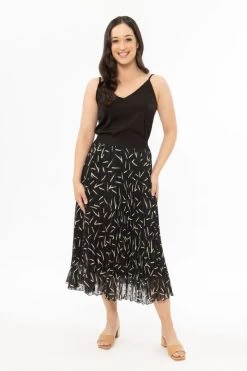 Pleated Black Spot Hibiscus Midi Skirt
