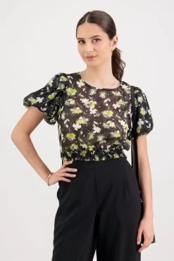 Sofia Black Floral Bubble SS Shirred Hem Top -Fashion Clothing Store 5B5CD34D 18B4 4459 9D2A D01D717C3EF1 1 201 a