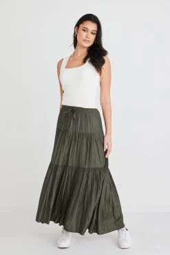 Sensational Dark Khaki Tiered Satin Tie Waist Maxi Skirt