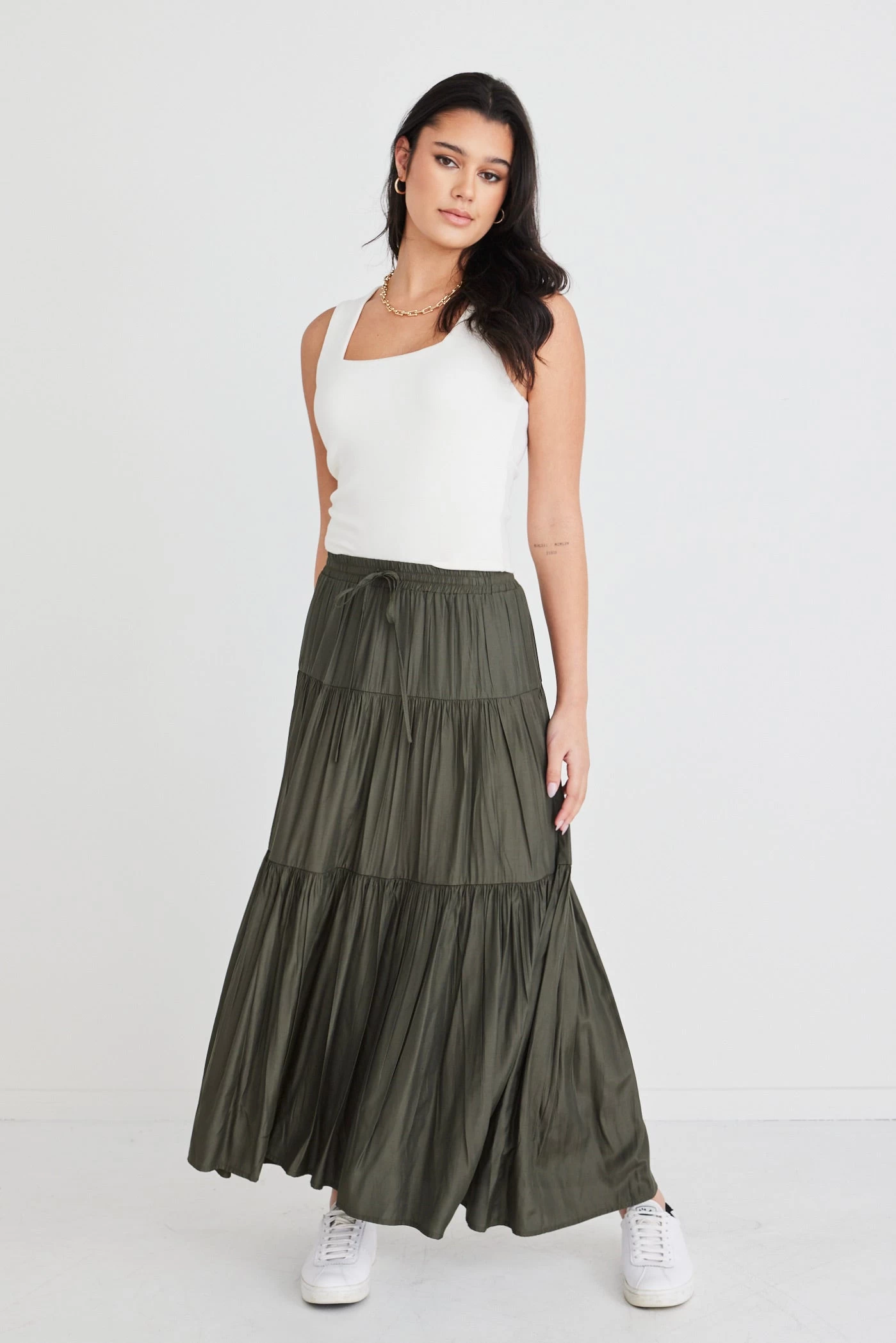 Sensational Dark Khaki Tiered Satin Tie Waist Maxi Skirt 3 Sensational Dark Khaki Tiered Satin Tie Waist Maxi Skirt