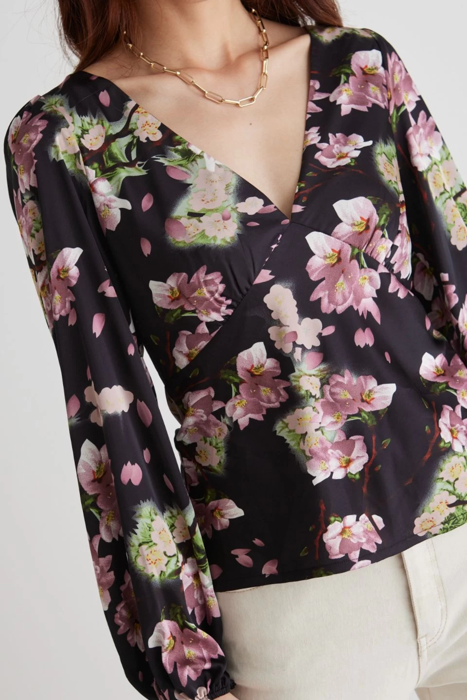 Bailey Black Floral Satin Bias Balloon Sleeve Top 4 Bailey Black Floral Satin Bias Balloon Sleeve Top - Image 2