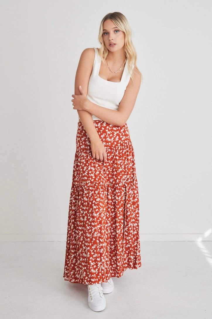 Playful Copper Ditsy Elastic Back Tiered Maxi Skirt 3 Playful Copper Ditsy Elastic Back Tiered Maxi Skirt