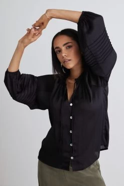 Breath Of Fresh Air Shiny Black Ls Puff Sleeve Button Front Top