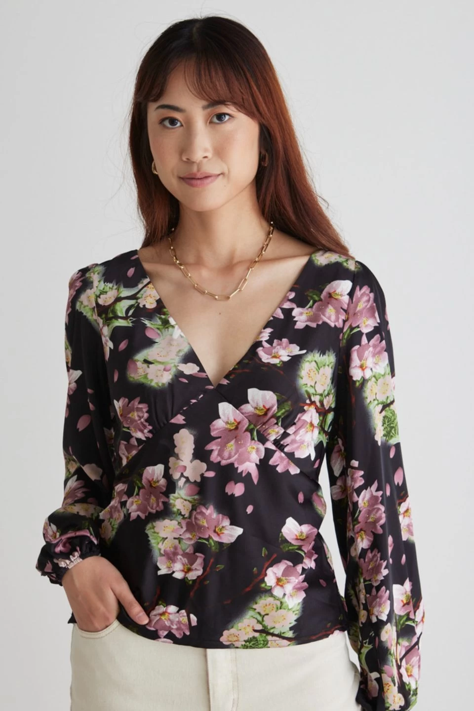 Bailey Black Floral Satin Bias Balloon Sleeve Top 5 Bailey Black Floral Satin Bias Balloon Sleeve Top - Image 3