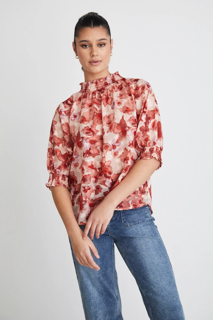 Influential Red Ink Blot Shirred Neck Ss Top 4 Influential Red Ink Blot Shirred Neck Ss Top - Image 2