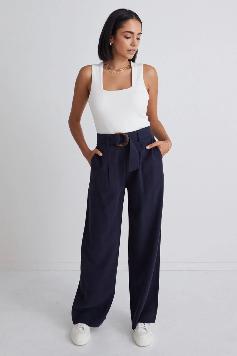 Fearless Navy Pleat Front High Waist Belted Wide Leg Pant 4 Fearless Navy Pleat Front High Waist Belted Wide Leg Pant - Image 2