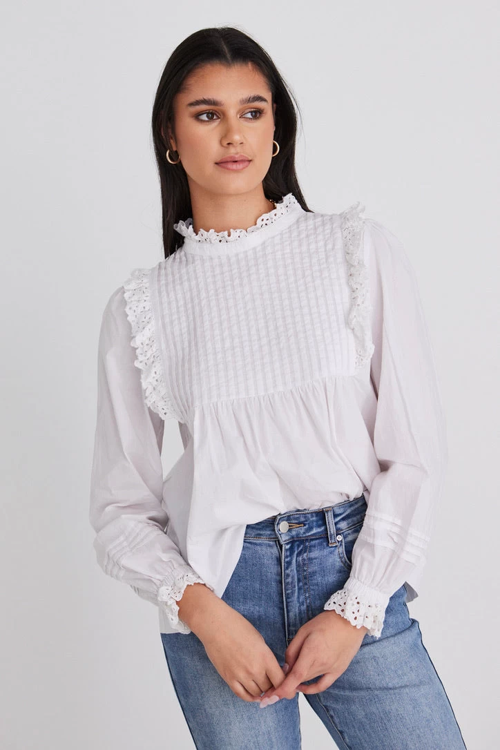 Opal White Voile Pleat Bodice High Neck Ls Top 4 Opal White Voile Pleat Bodice High Neck Ls Top - Image 2