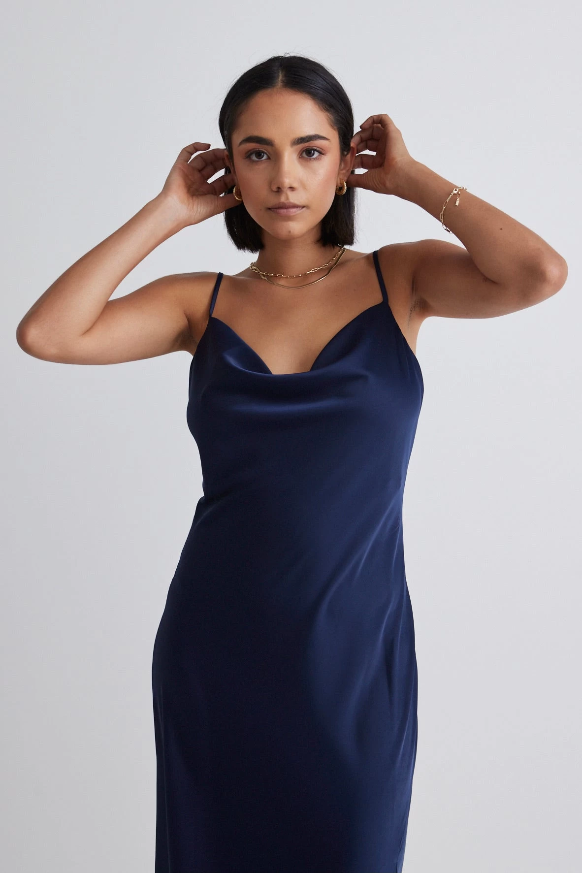 Show Stopper Navy Satin Strappy Midi Dress 4 Show Stopper Navy Satin Strappy Midi Dress - Image 2
