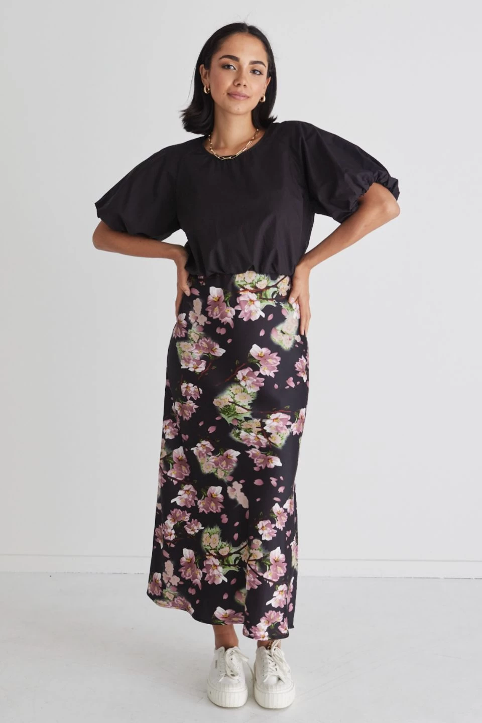 Serpentine Black Floral Satin Bias Cut Midi Skirt 3 Serpentine Black Floral Satin Bias Cut Midi Skirt
