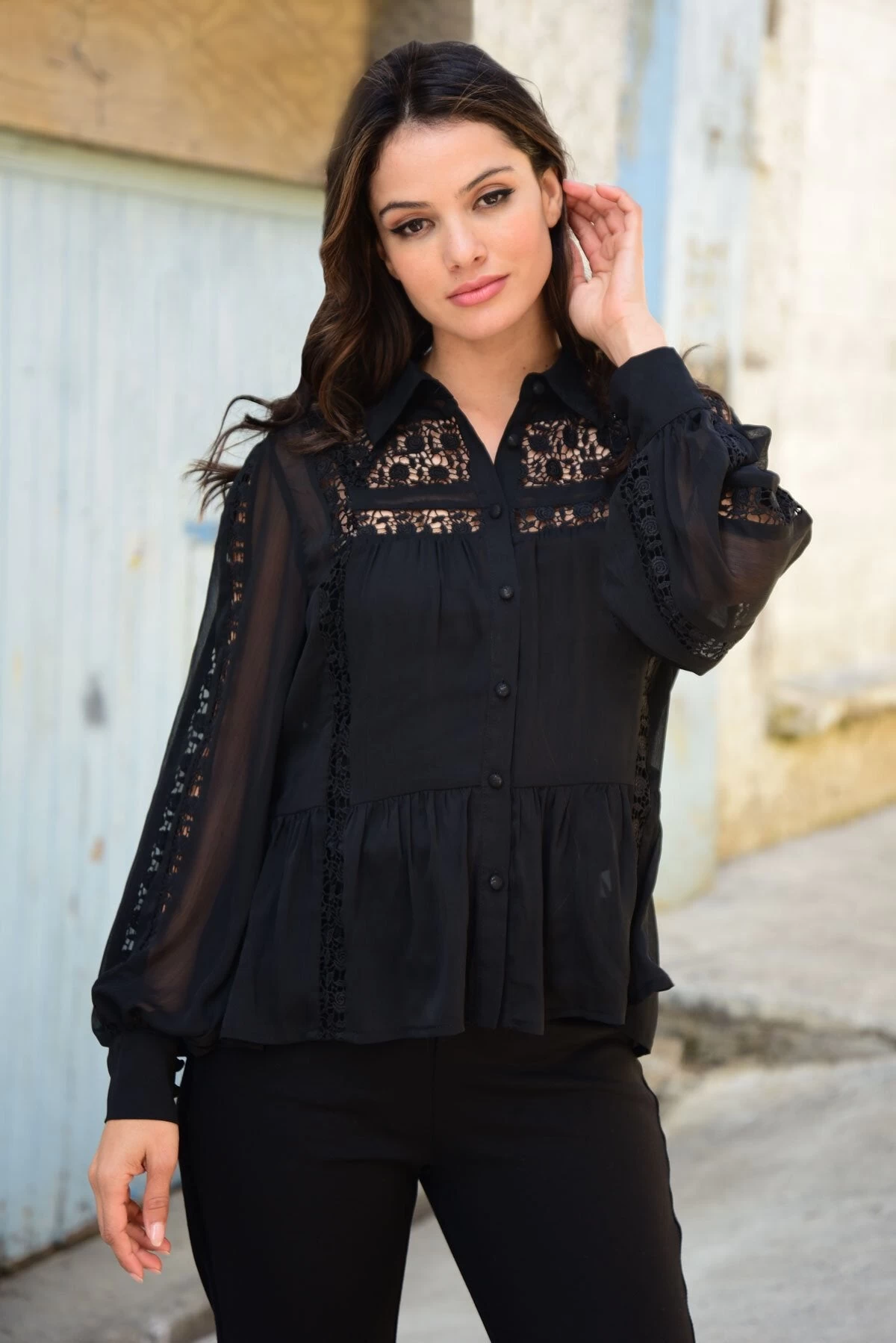 Lace To The Top Black Collared LS Blouse 3 Lace To The Top Black Collared LS Blouse