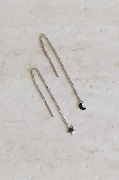 Thread Chain Mini Star + Moon Rhodium Earrings EOL