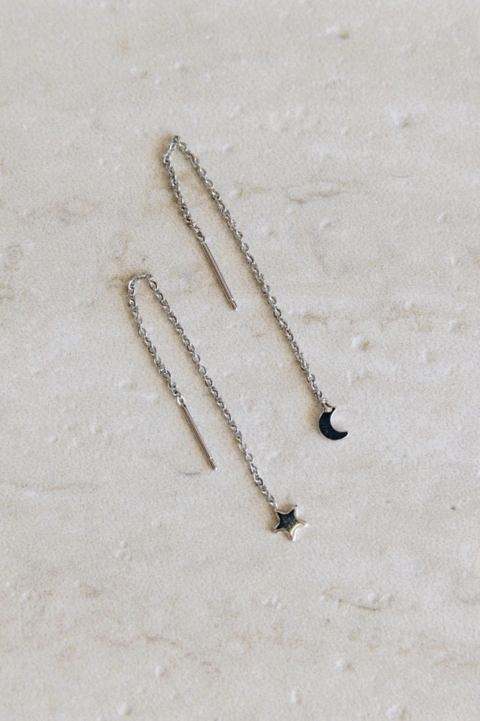 Thread Chain Mini Star + Moon Rhodium Earrings EOL 3 Thread Chain Mini Star + Moon Rhodium Earrings EOL