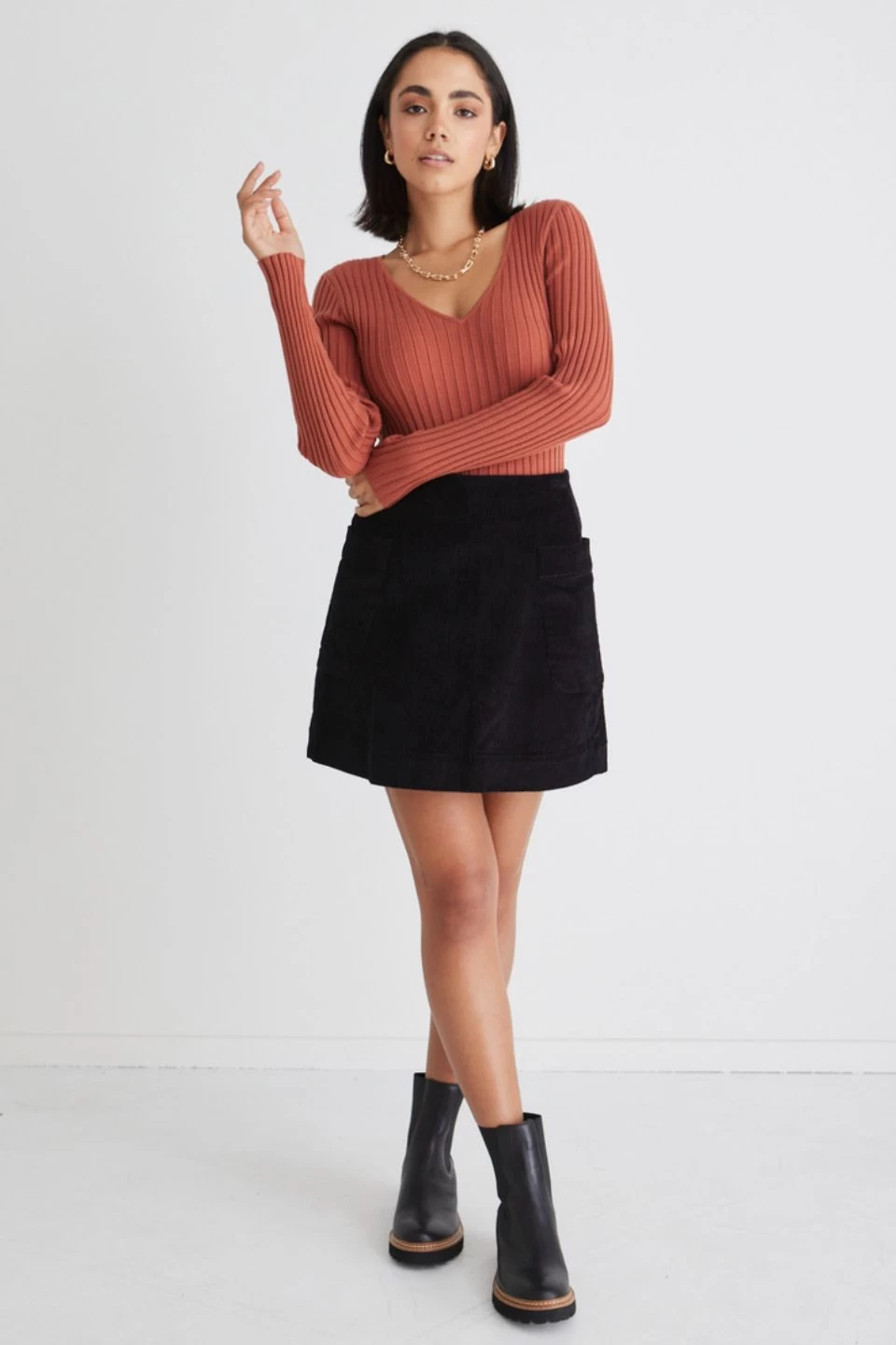 Desire Terracotta LS V Wide Rib Knit Top 4 Desire Terracotta LS V Wide Rib Knit Top - Image 2