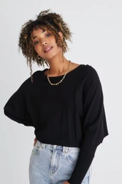 Serene Black Soft Fine Knit Batwing Jumper