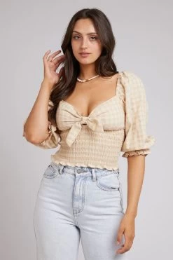Georgette Oat Checkered Front Tie Top