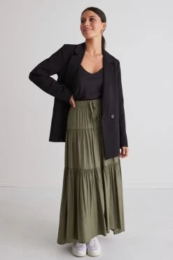 Sensational Moss Satin Tiered Drawstring Maxi Skirt