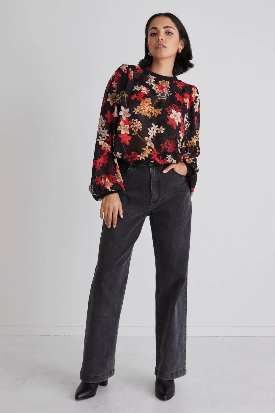 Chance Black Red Floral Georgette Ls Rib Hem Top 5 Chance Black Red Floral Georgette Ls Rib Hem Top - Image 3
