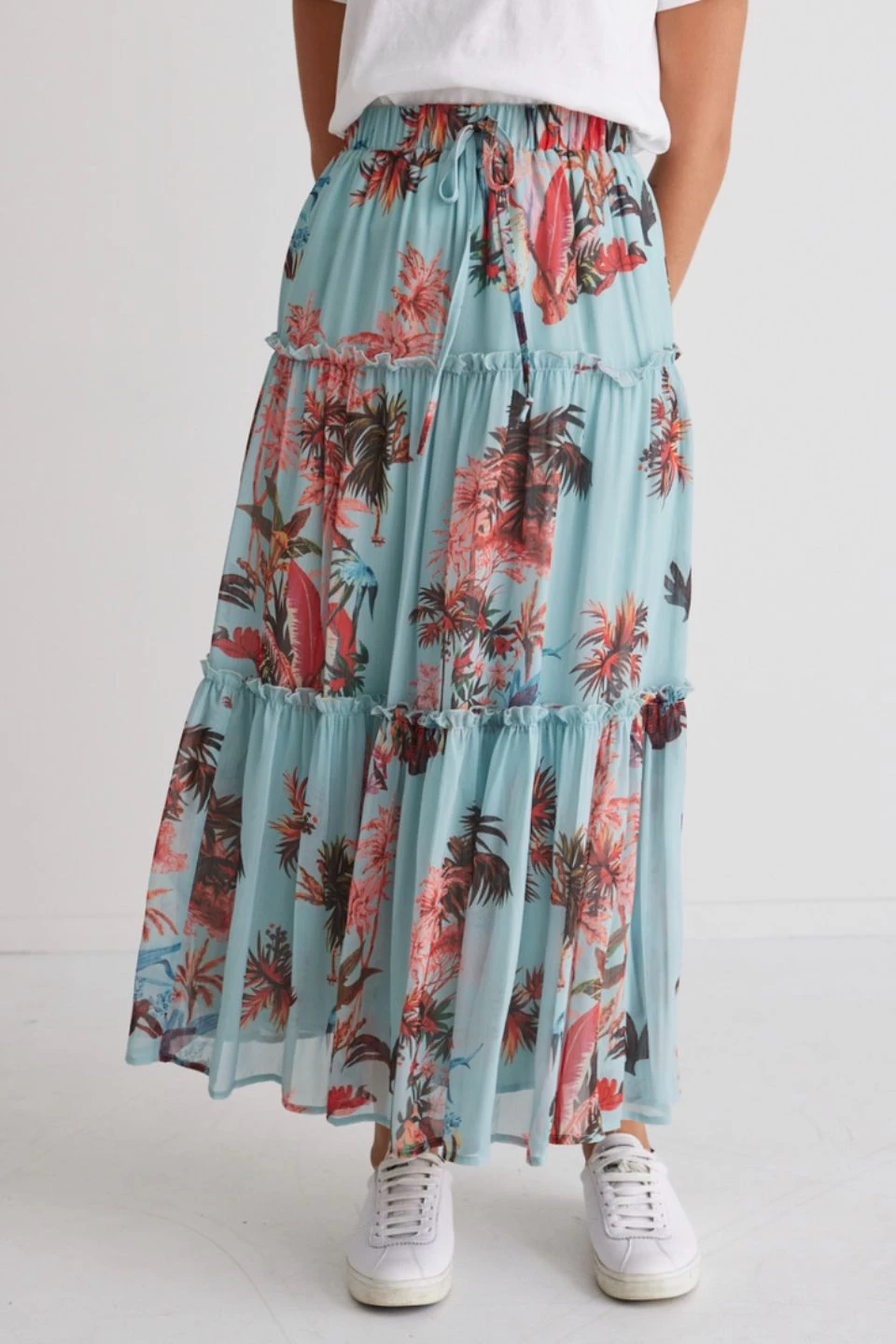 Zoe Blue Palms Elastic Waist Tiered Midi Skirt 4 Zoe Blue Palms Elastic Waist Tiered Midi Skirt - Image 2