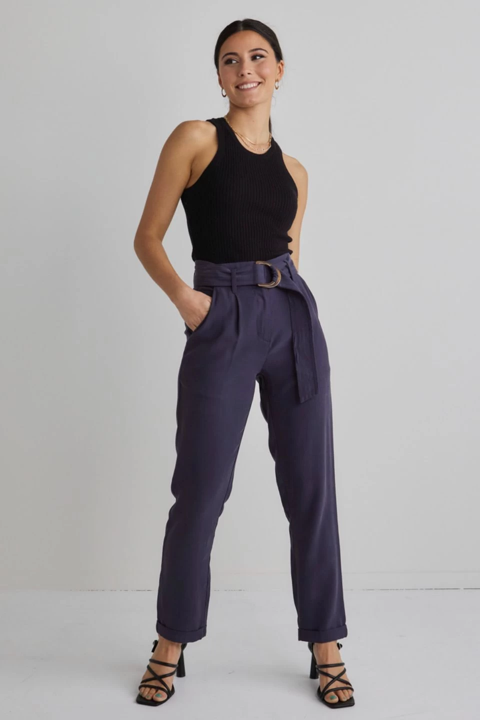 Pierre Navy Soft Viscose Tapered Leg Belted Pant 4 Pierre Navy Soft Viscose Tapered Leg Belted Pant - Image 2