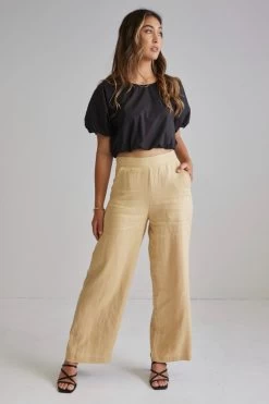 Freedom Dark Straw Flat Front Deep Waistband Wide Leg Linen Pant