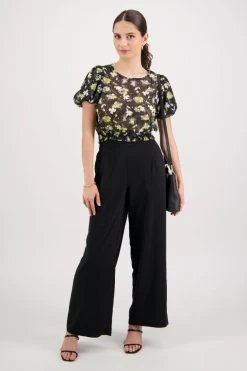 Sofia Black Floral Bubble SS Shirred Hem Top