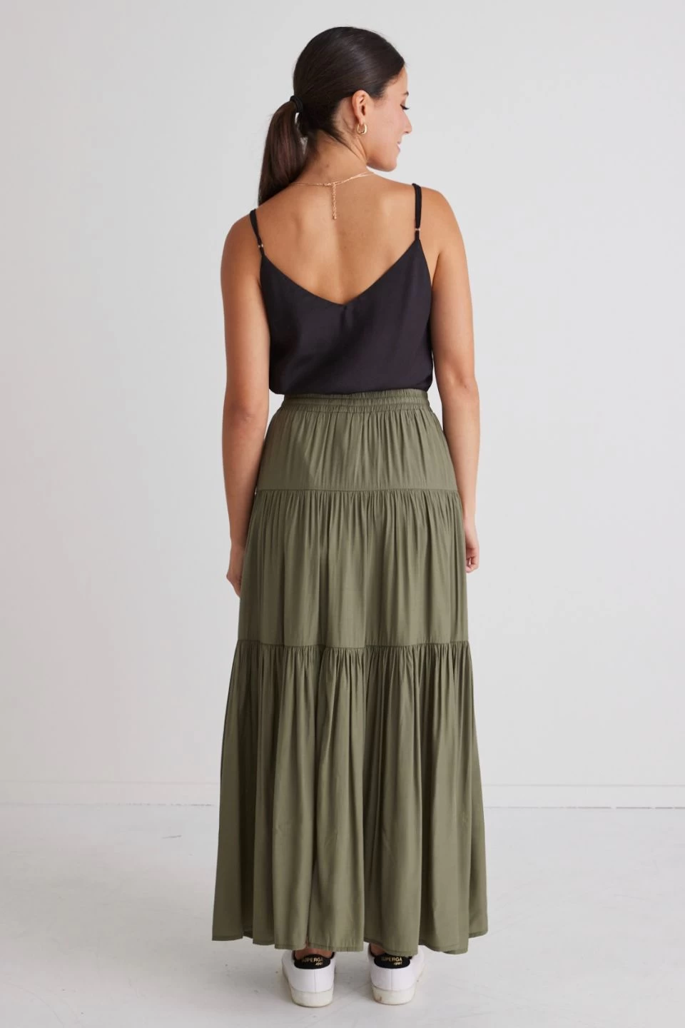 Sensational Moss Satin Tiered Drawstring Maxi Skirt 6 Sensational Moss Satin Tiered Drawstring Maxi Skirt - Image 4