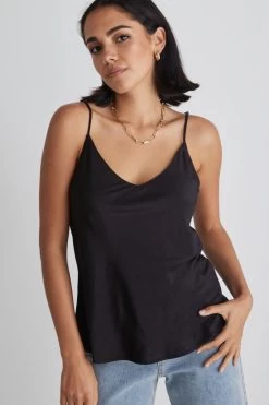 Moonlight Black Satin Bias V Neck Cami