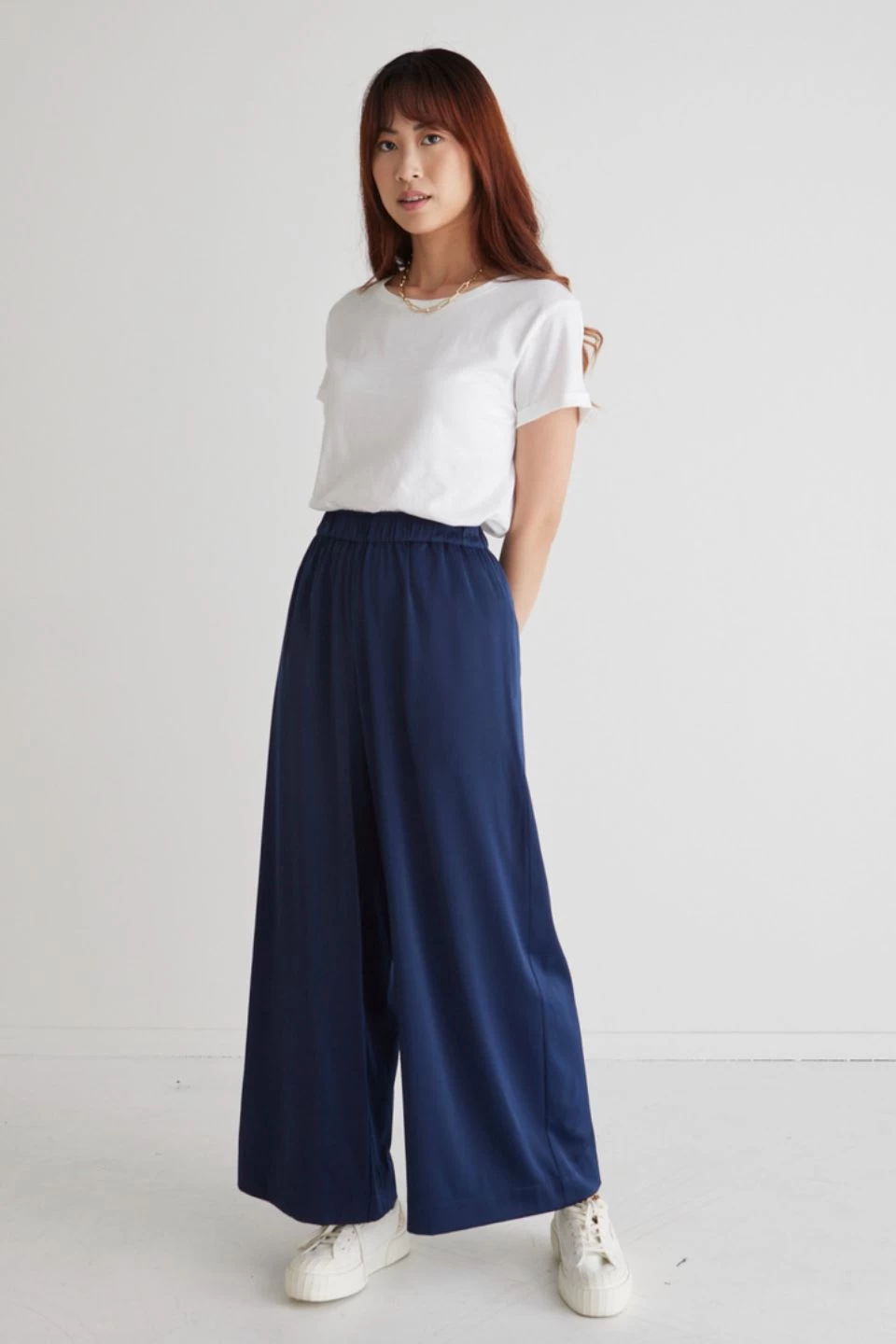 Luxury Navy Satin Wide Leg Elastic Waist Pant 5 Luxury Navy Satin Wide Leg Elastic Waist Pant - Image 3