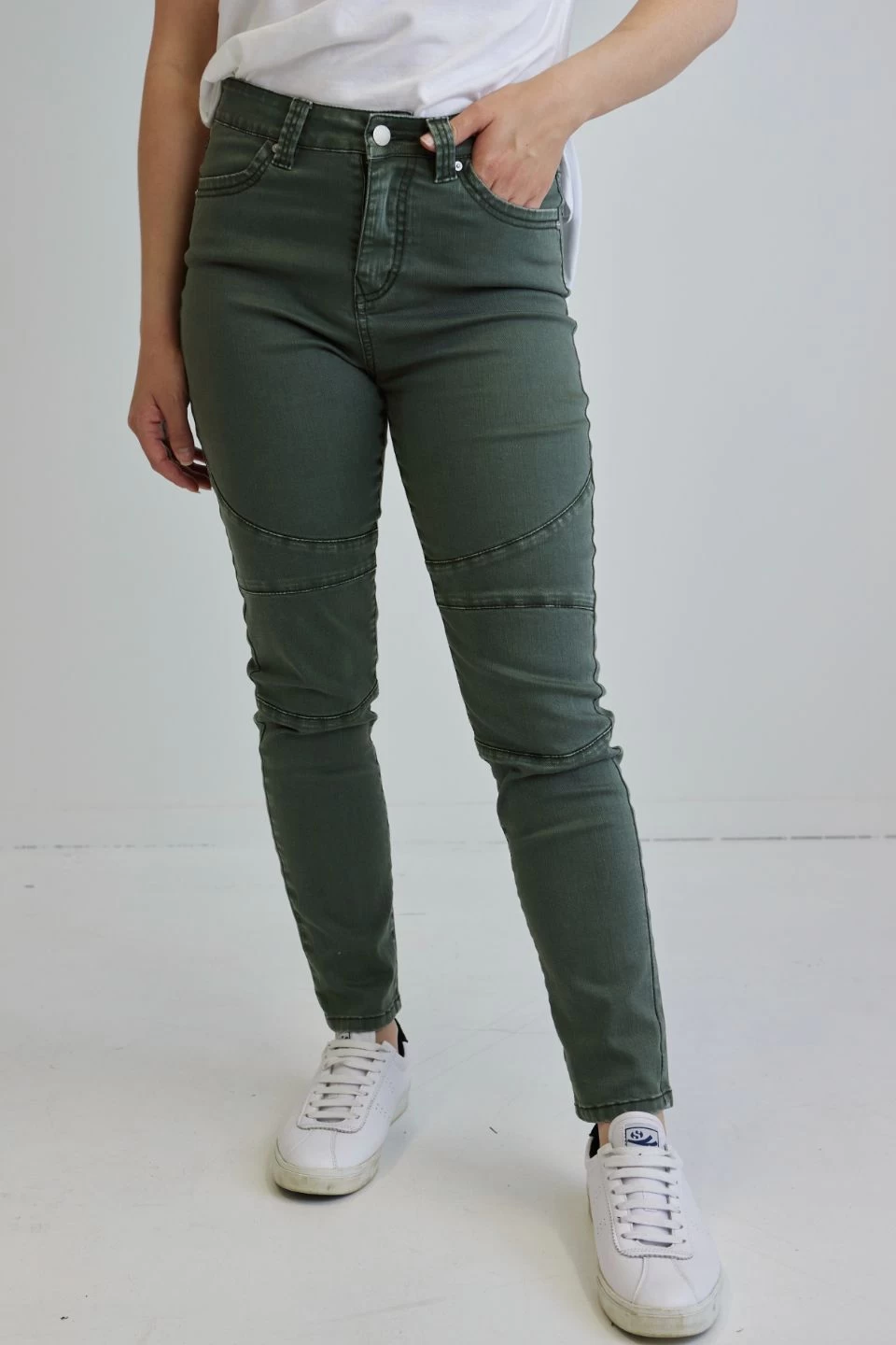 Lilian Washed Khaki Mid Rise Knee Panel Jean 4 Lilian Washed Khaki Mid Rise Knee Panel Jean - Image 2