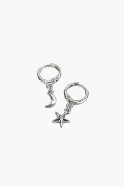 Moon And Star Rhodium Huggie Earrings