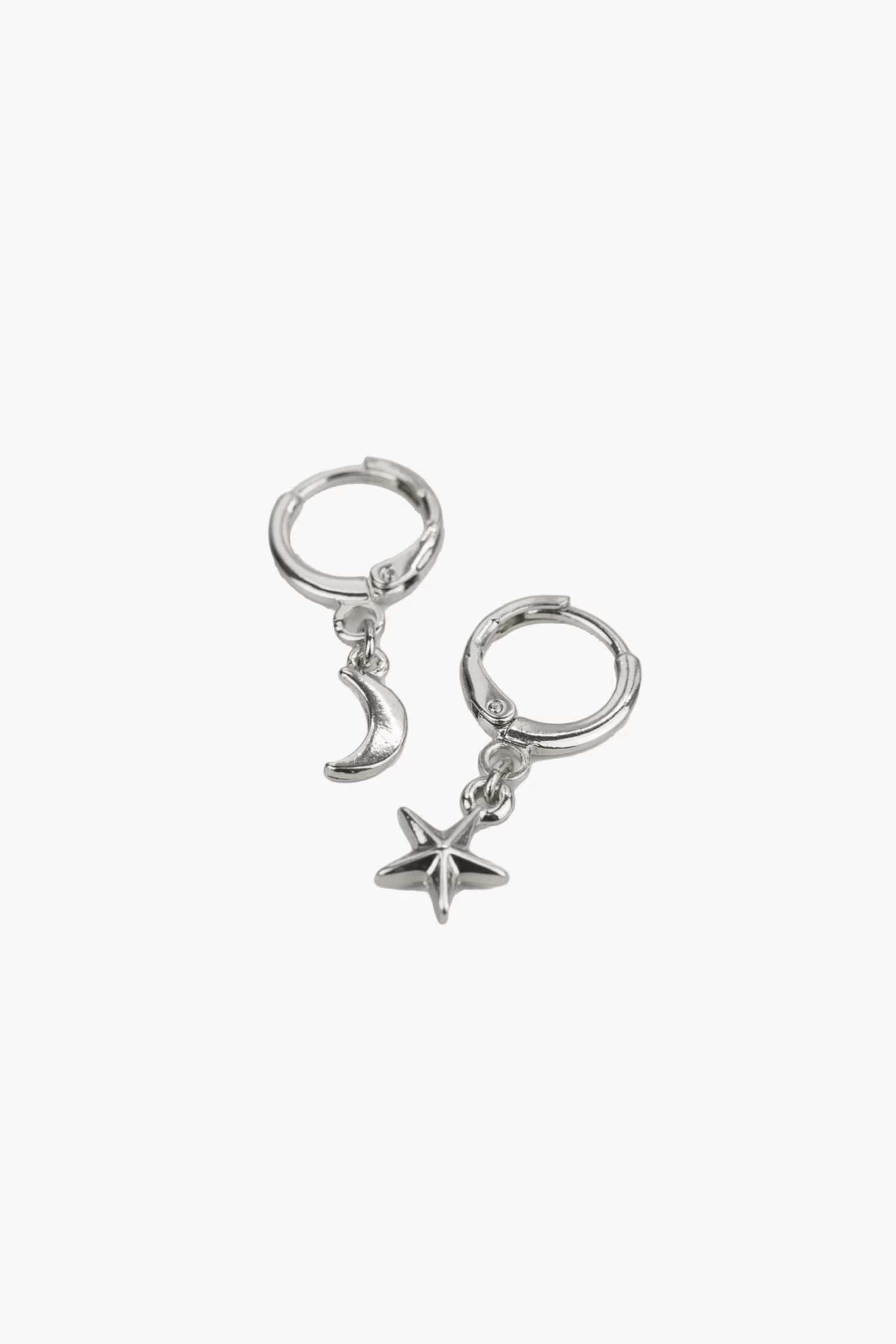 Moon And Star Rhodium Huggie Earrings 3 Moon And Star Rhodium Huggie Earrings