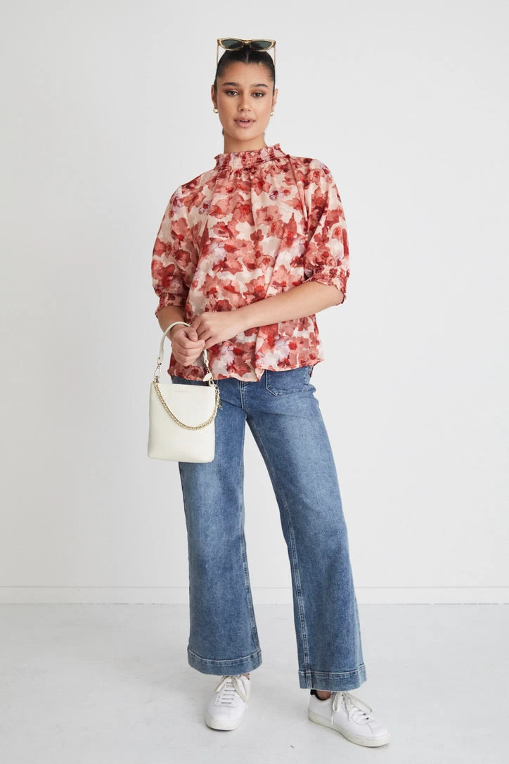 Influential Red Ink Blot Shirred Neck Ss Top 3 Influential Red Ink Blot Shirred Neck Ss Top