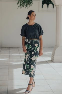 Serpentine Black Tropical Floral Satin Bias Cut Midi Skirt